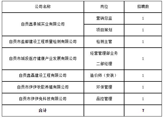 【市属国企】2026年5月自贡城投集团社会招聘工作人员7人！
岗位名称：营销总监
