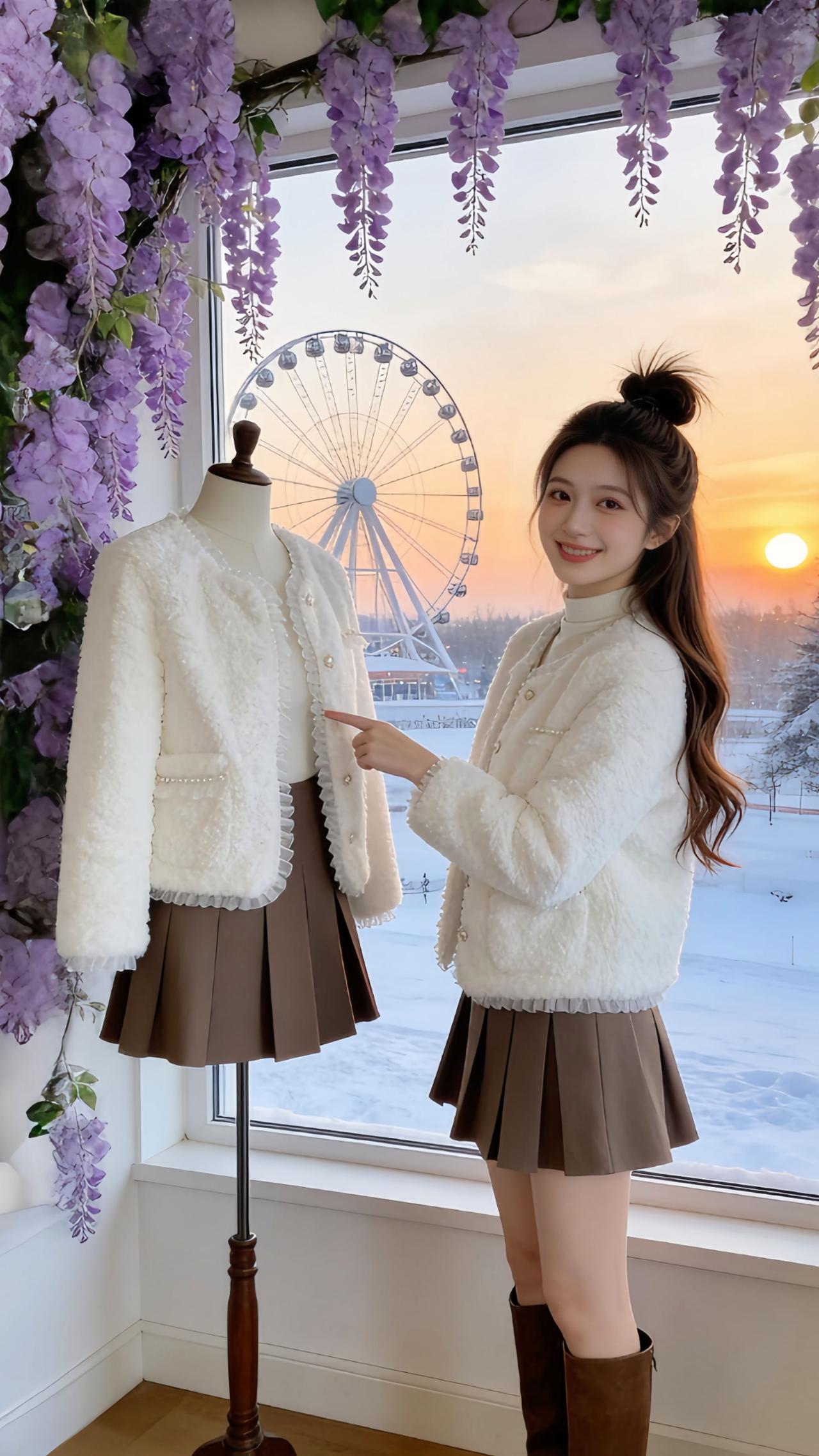 冬日的浪漫穿搭被Danny拿捏住了！韩系小香风毛绒外套搭白色高领内搭+棕色百褶裙