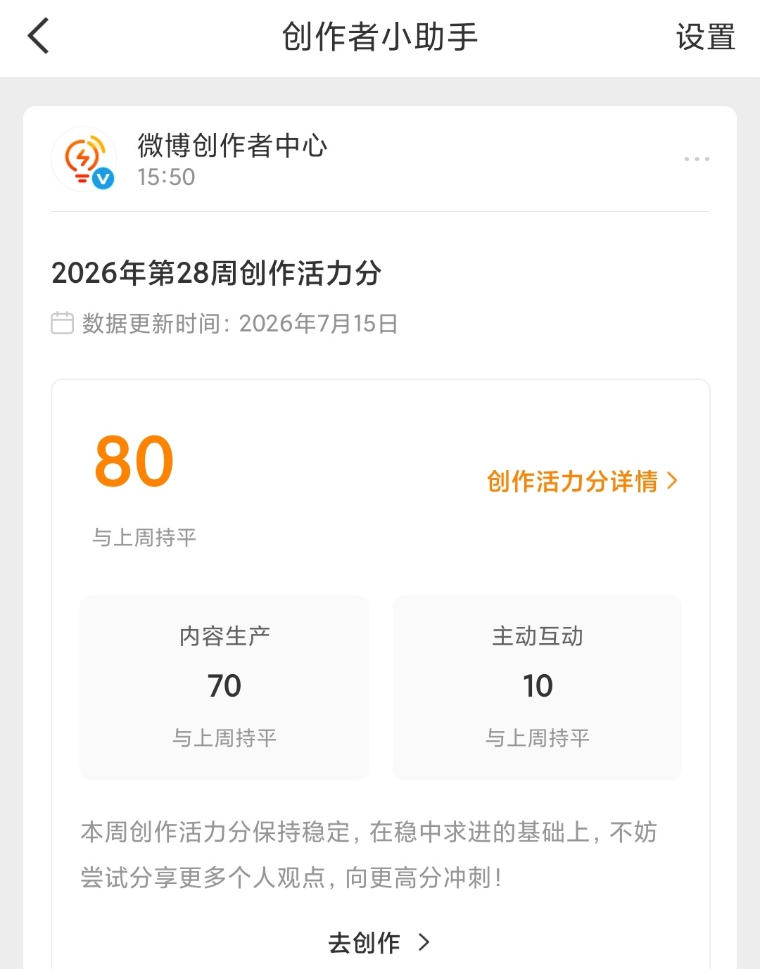 迎面看到70还以为这周掉这么多分吗？仔细一看还是80，继续保持