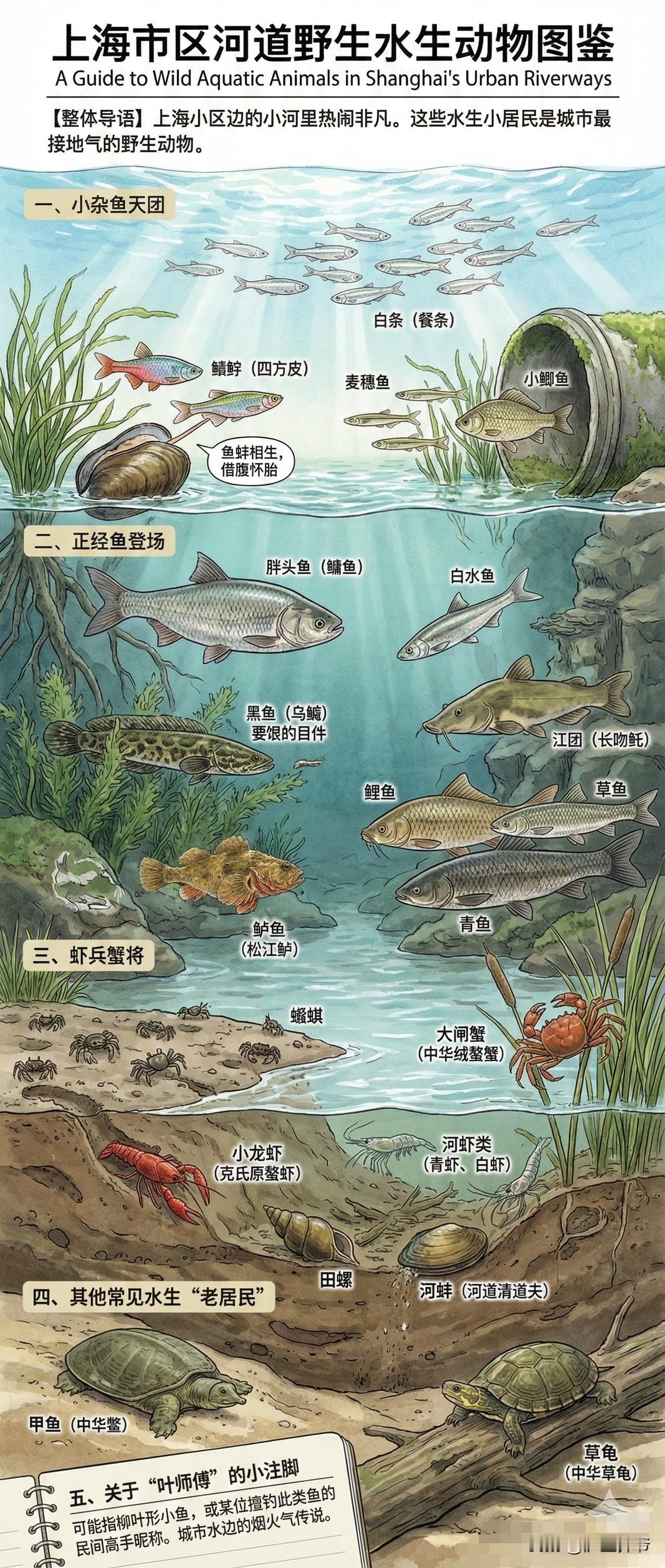 全了！上海市区河道野生水生动物大全，主要涵盖以下四类：

小杂鱼：白条、小鲫鱼、