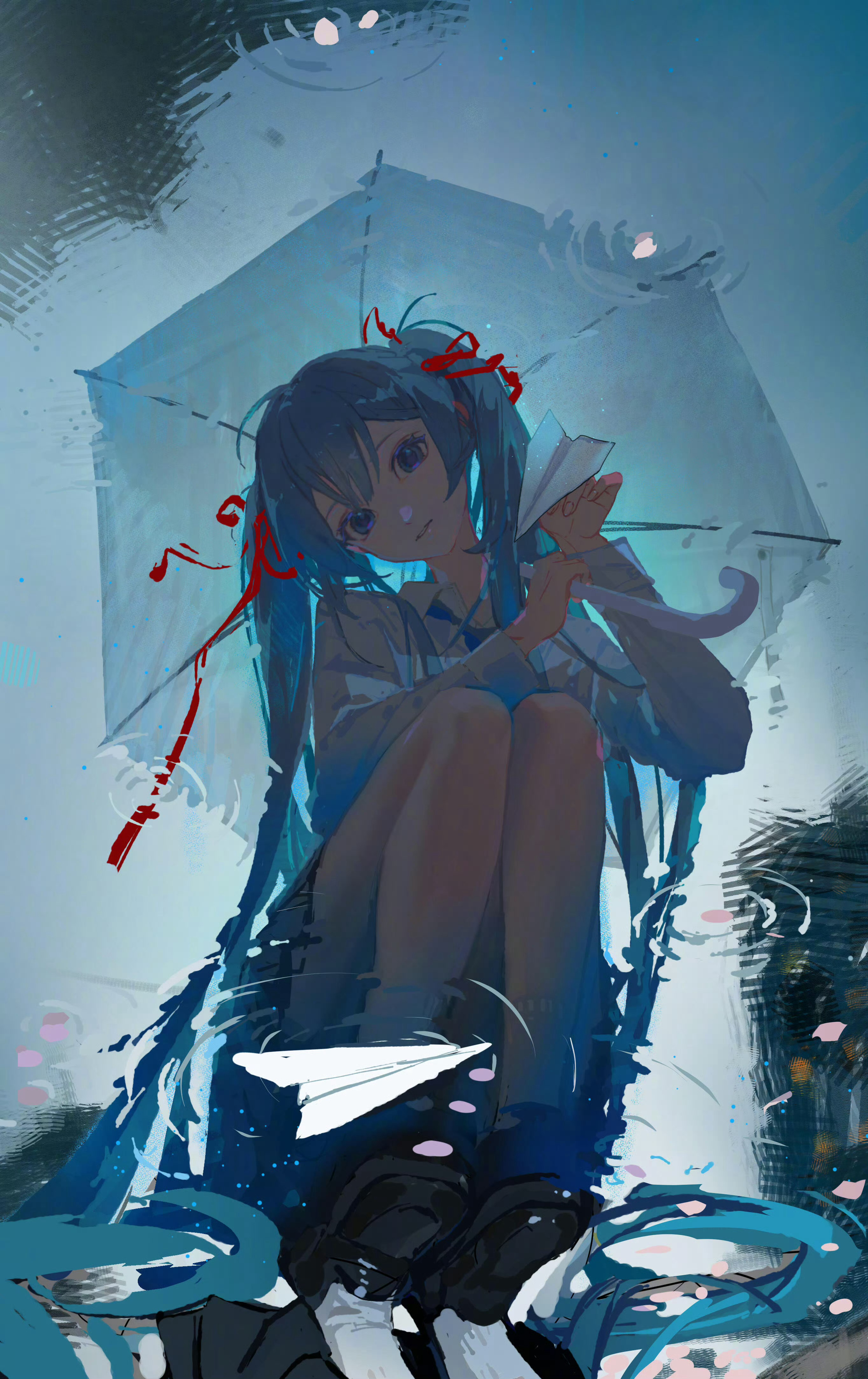 初音未来动漫点评团 国人画师太太绘制的雨伞倒影的miku公主殿下蓝色系太好看了.