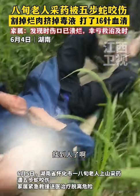 怀化，80岁老人上山采药，被五步蛇咬伤，医生割掉了烂肉，又挤出毒液，最后打了16
