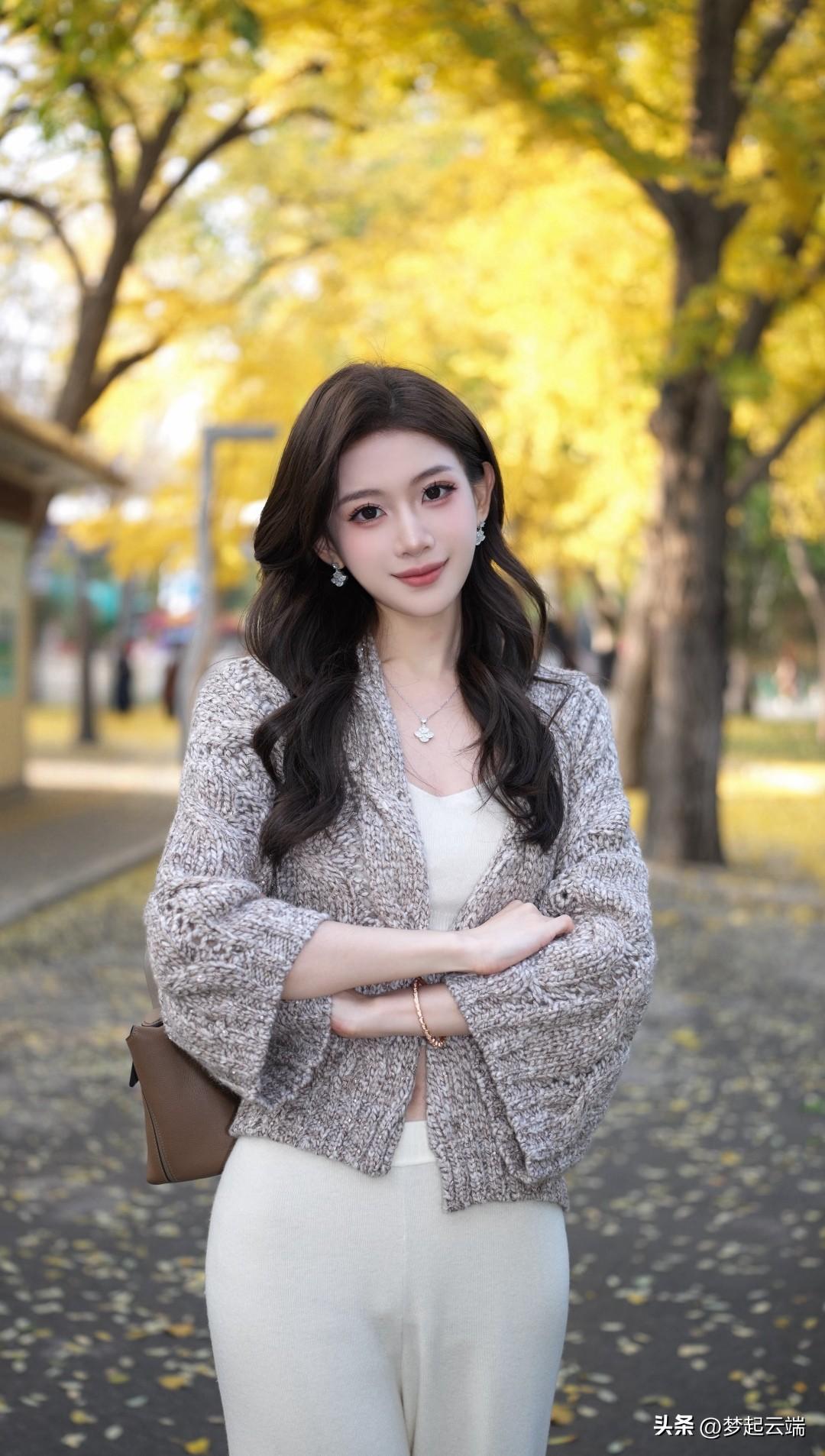 秋日暖阳下，温柔少女漫步在落叶铺满的小径上。