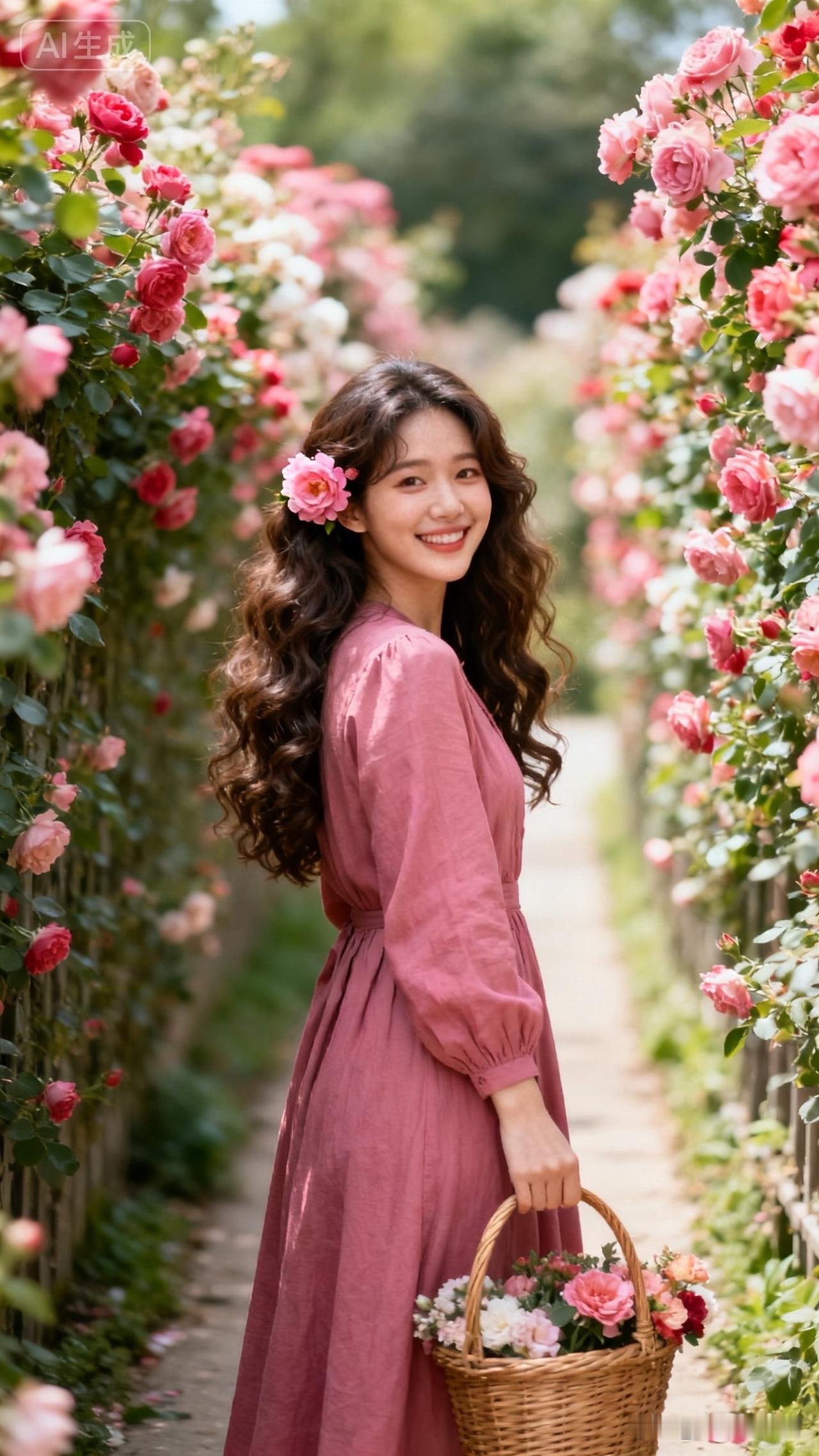 粉裙少女漫步花海，笑靥如花，美不胜收！🌸💐🌺