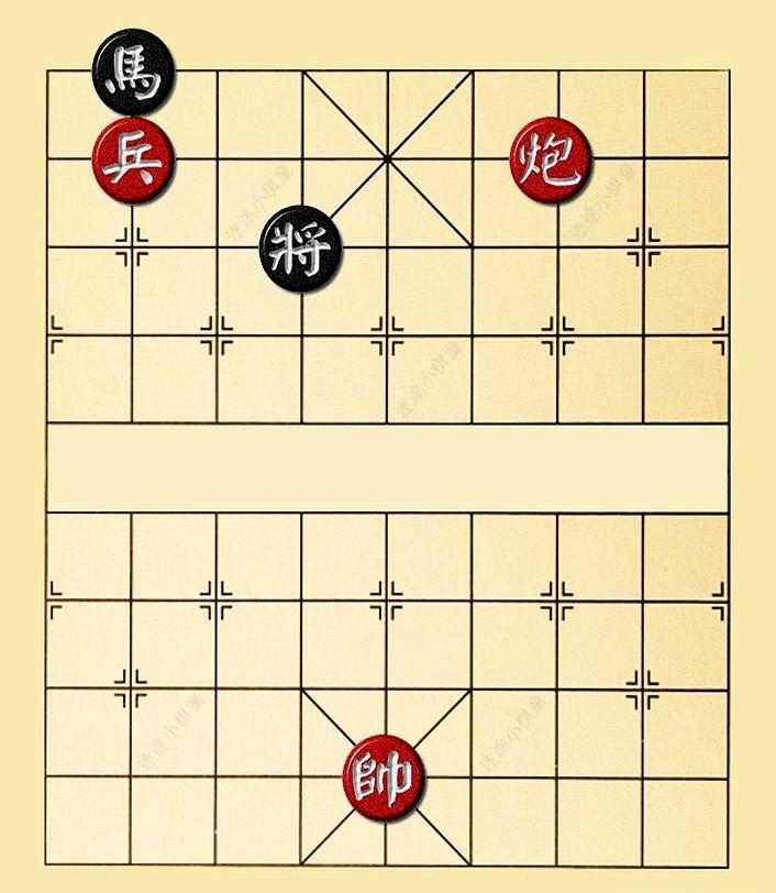 广场灯下，黑方老头夹着华子放话：你吃马就和棋，不吃马就我赢。
红先走，炮加兵对单