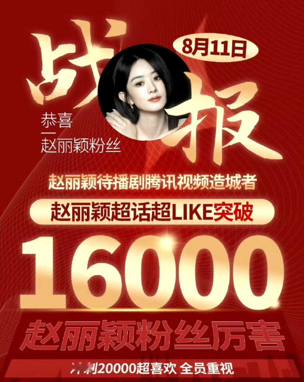 赵丽颖超话like破16000，85花首位，厉害了。 ​​​
