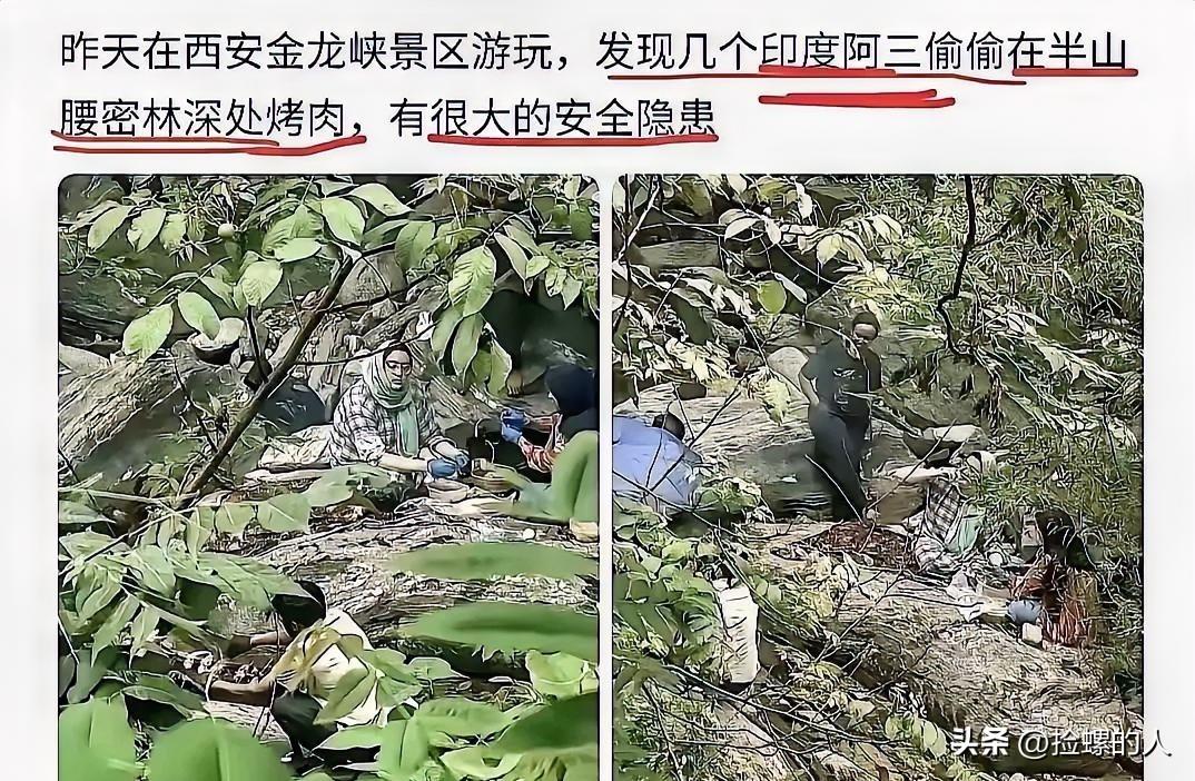 胆大包天！几名印度籍游客躲进西安金龙峡半山腰的密林深处，偷偷生起明火烤肉，专挑枝
