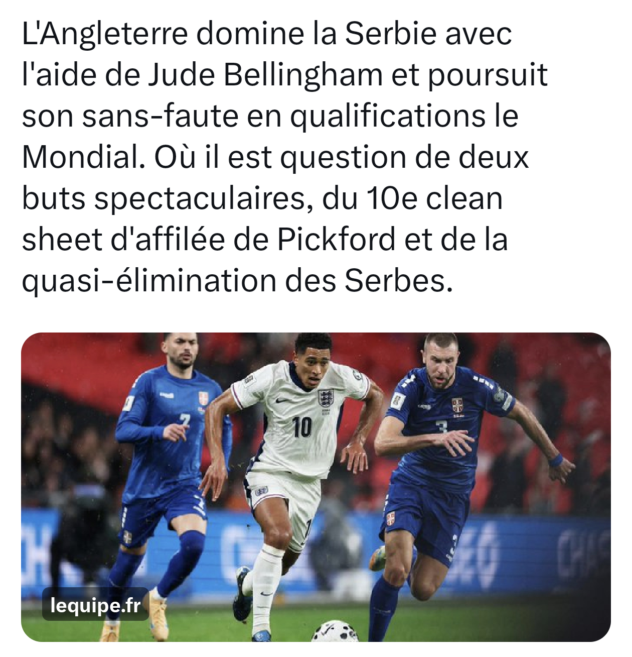 队报：英格兰在贝林厄姆的帮助下主宰了塞尔维亚，并在世预赛中延续不败记录 