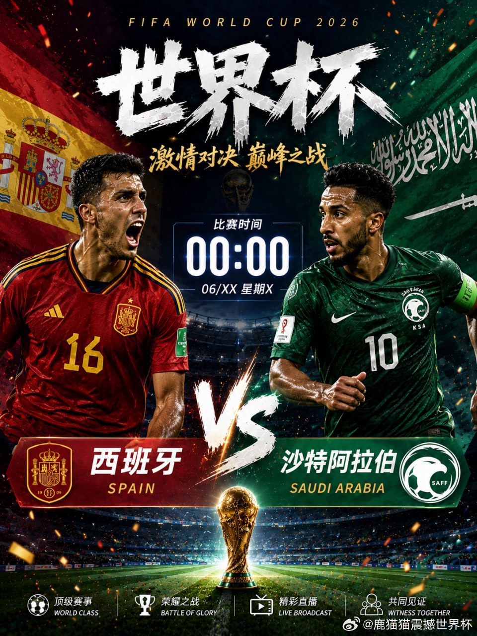 ⚽️午夜大战即将打响！世界杯 00:00🇪🇸西班牙vs沙特阿拉伯 🇸🇦有