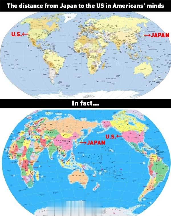 有网友找到了美国允许日本倾倒核污染水的原因：美国人使用的世界地图与中国使用的不同