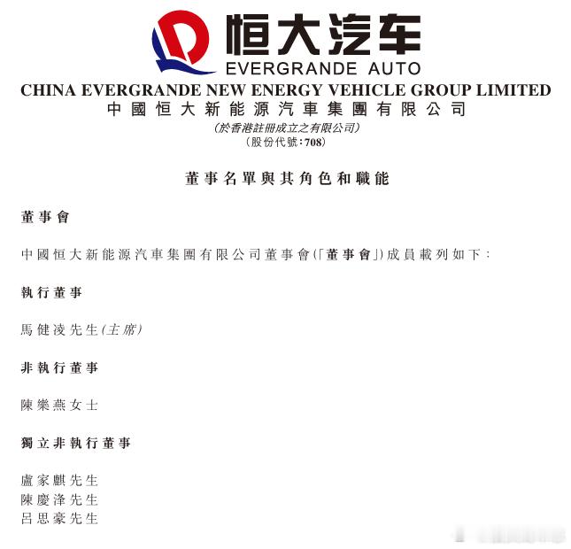 【恒大汽车：马健凌获委任为董事会主席】7月27日，恒大汽车在港交所公告，自202