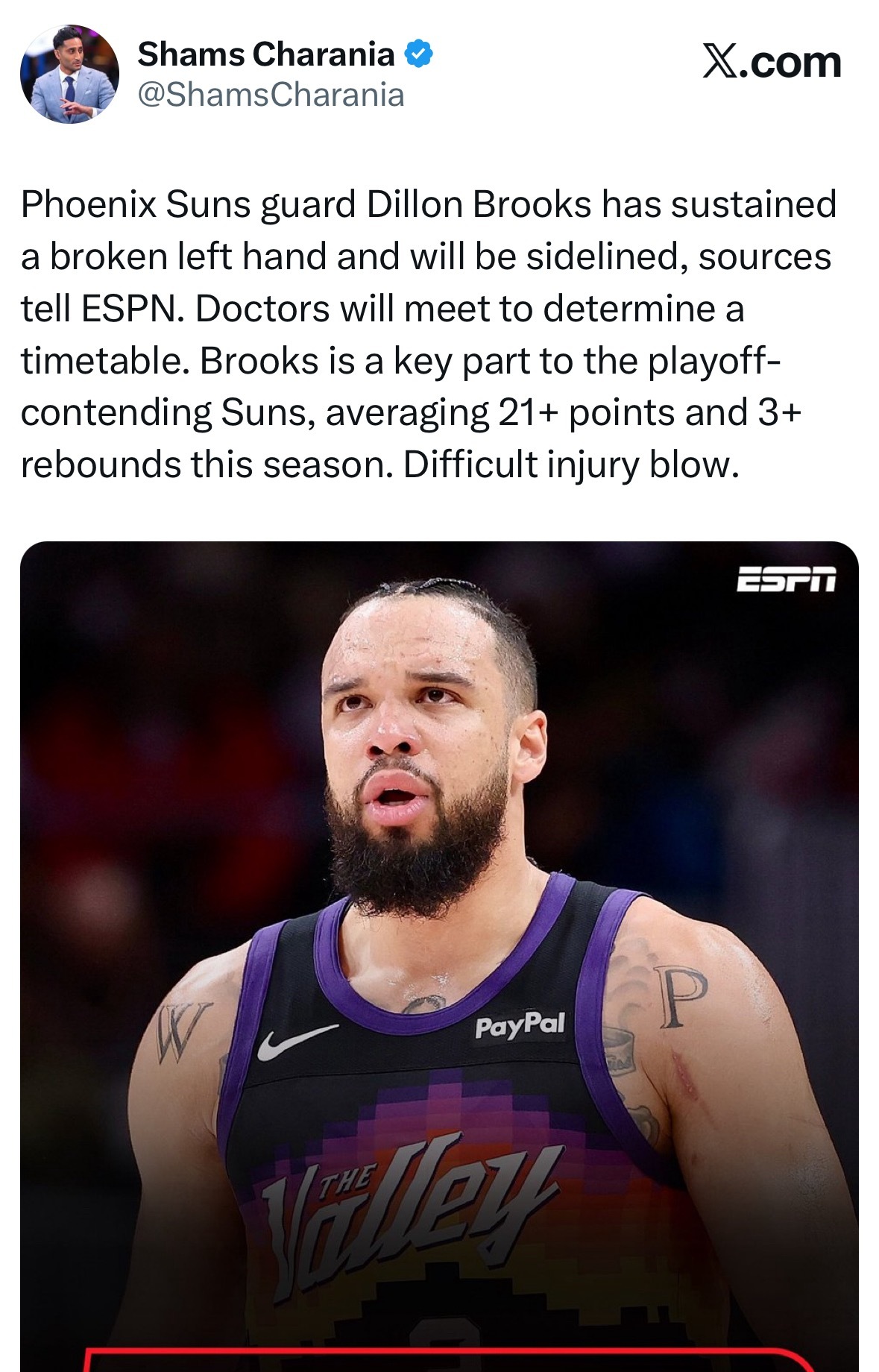 Shams：狄龙左手骨折，复出时间未知。 