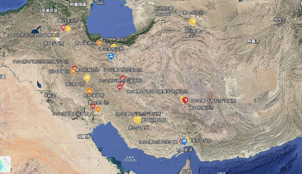 伊朗陆军和伊斯兰革命卫队陆军的目前部署情况
从图中我们可以看到，伊朗地面作战力量