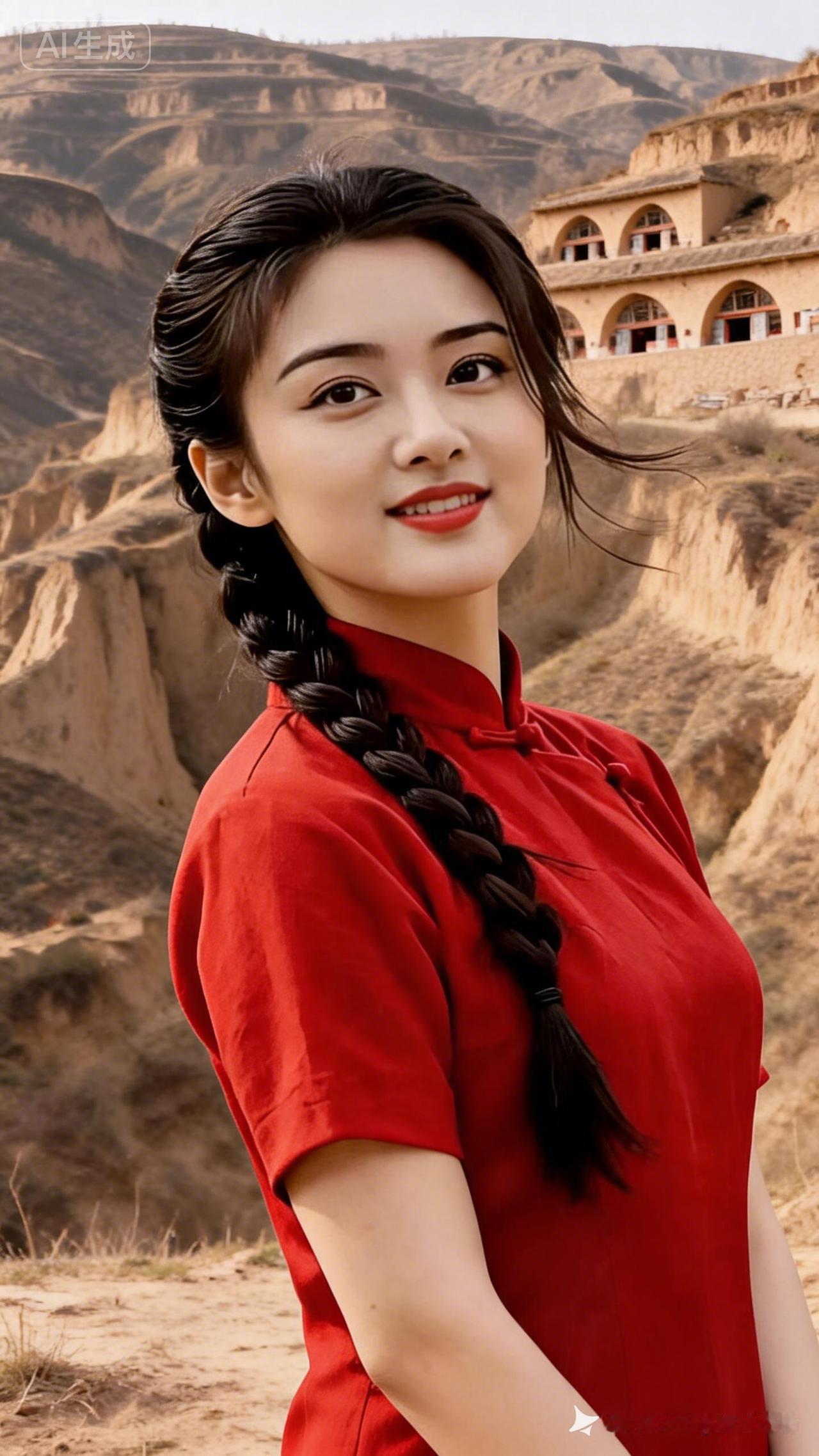 红衣少女与黄土高坡的完美融合，古风与现代的碰撞！