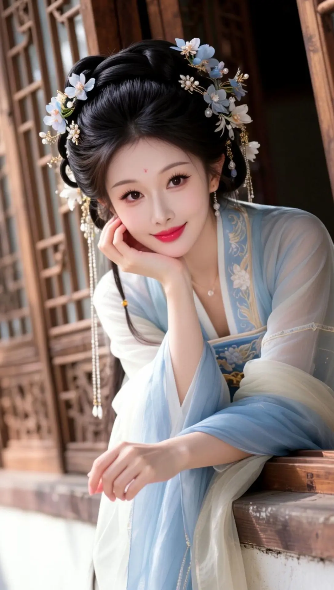 AI蓝裳倚窗照 古风的完成度还得看脸 喜欢古风的女孩 汉服里的古风雅韵...