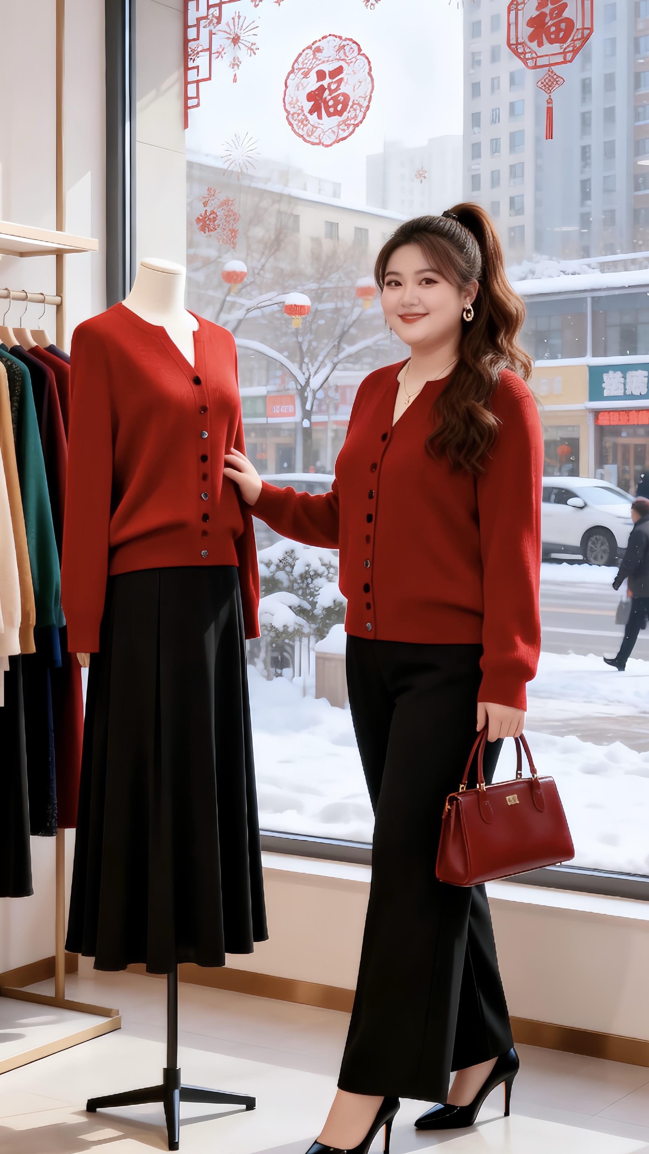 大码穿搭针织打底衫新年好运红我先穿上了就要穿得漂漂亮亮去聚会胖妹妹的冬季有效穿搭