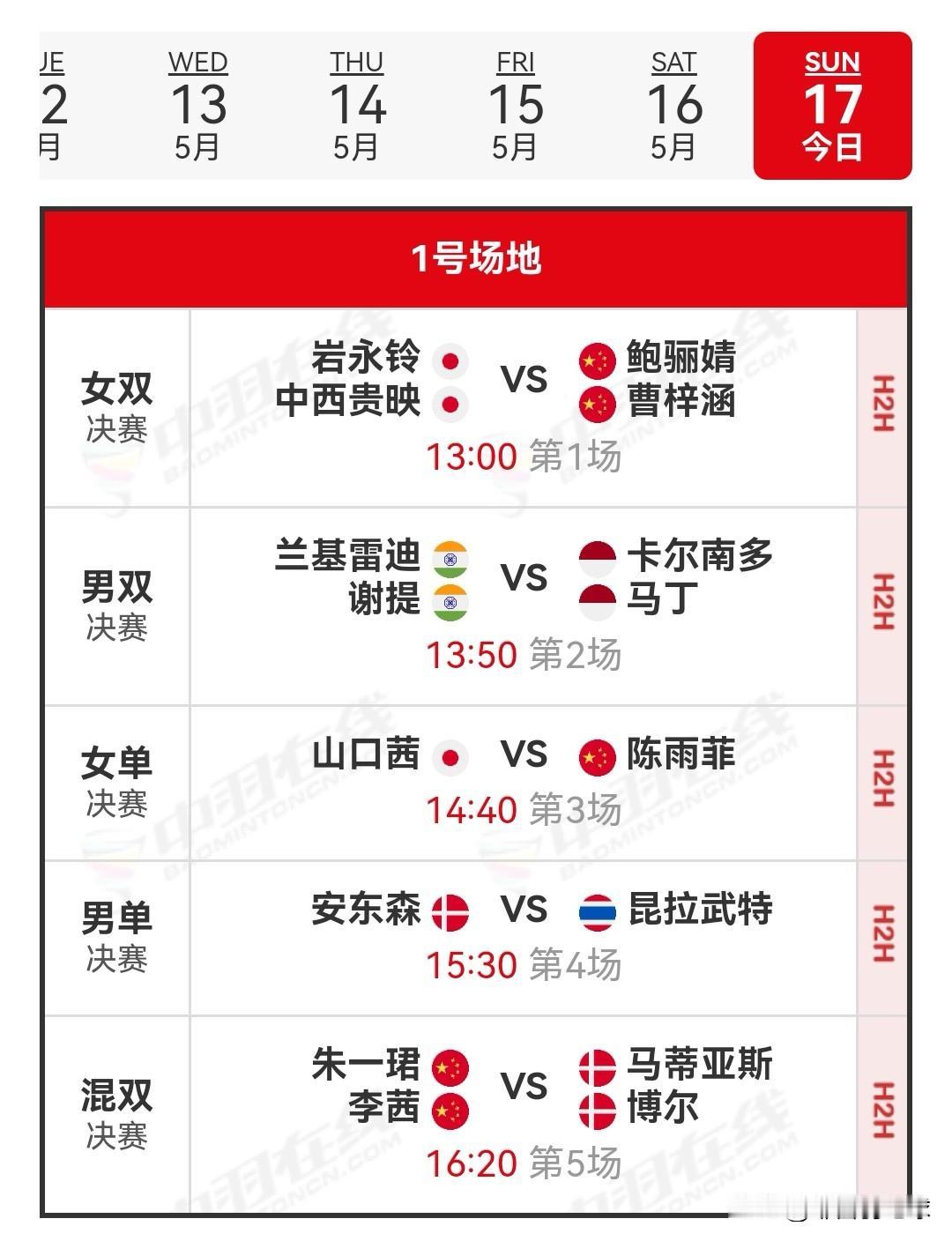 5月17日2026泰国羽毛球公开赛决赛安排

国羽昨日赛况为3胜2负1退赛。陈雨