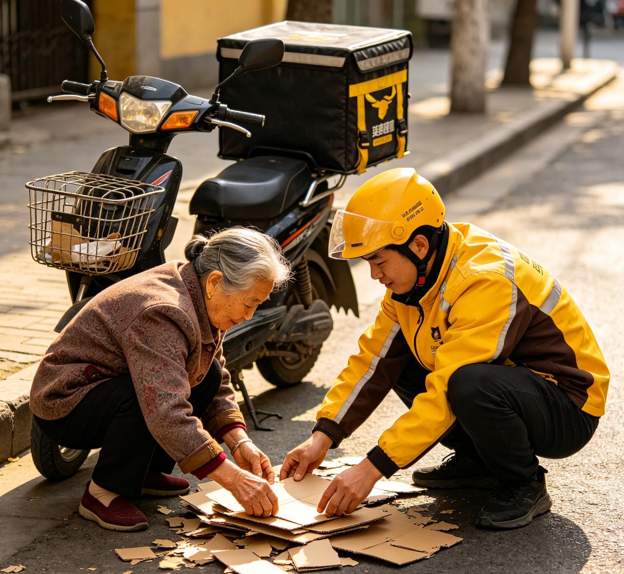重庆街头暖心一幕✨
车流穿梭间，
外卖小哥停下匆忙脚步。
义无反顾冲进车流，
帮