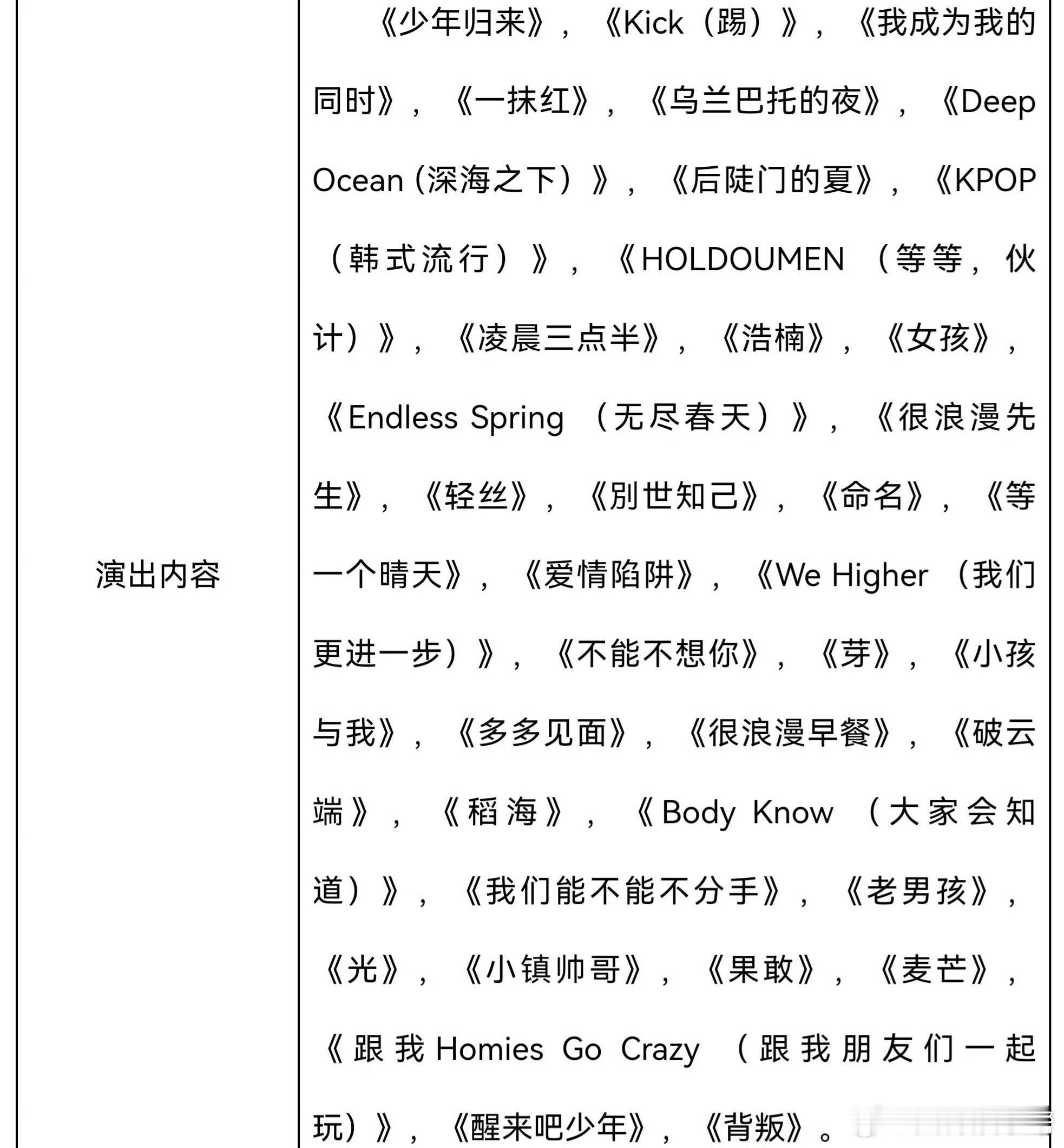 十个勤天三巡成都演唱会报批歌单。十个勤天成都演唱会