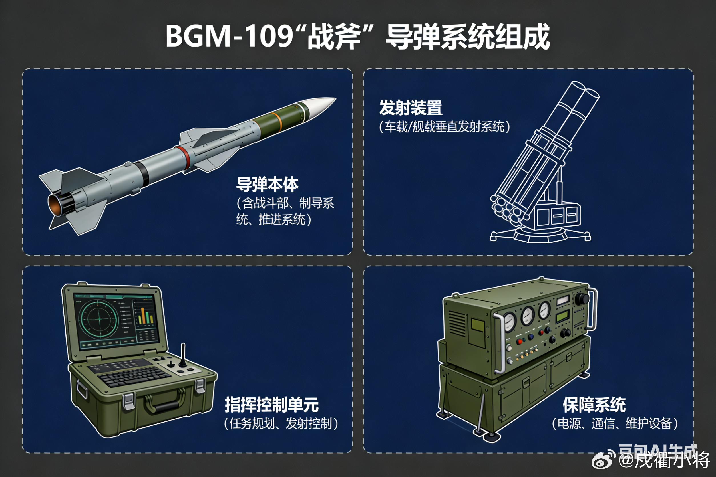 BGM-109“战斧”是美国研制的亚音速远程巡航导弹，可由水面舰艇与潜艇发射，采