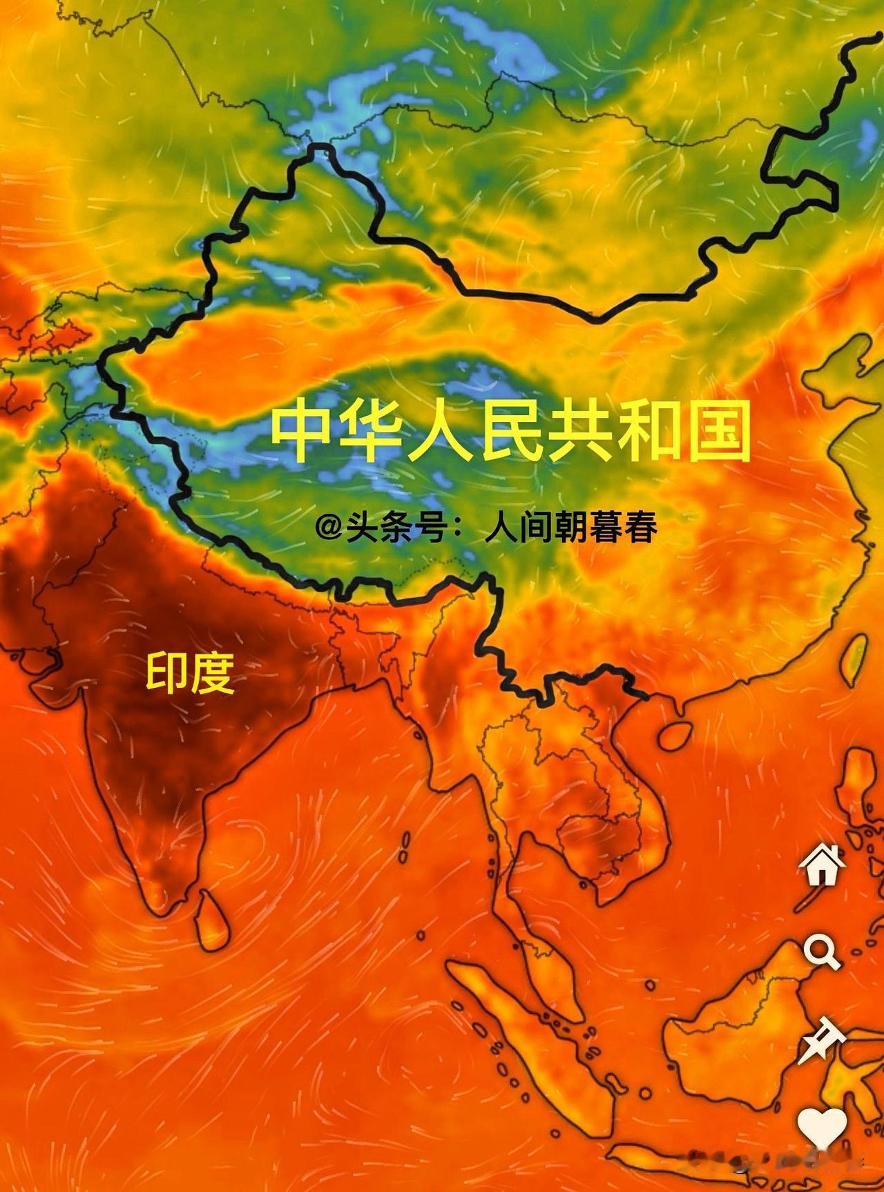 刚查看了一下实时卫星气象地图，发现印度全境除北部克什米尔地区以外的大部分区域温度