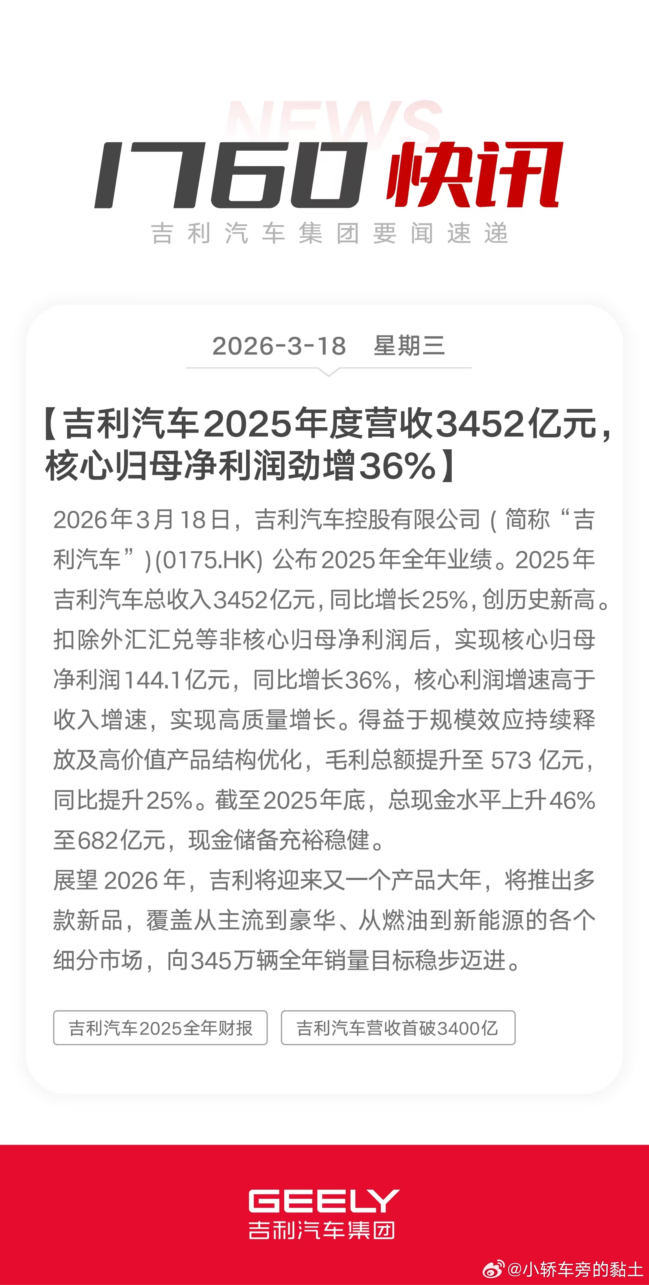 吉利汽车公布2025年全年业绩，2025年总收入3452亿元创历史新高，核心归母