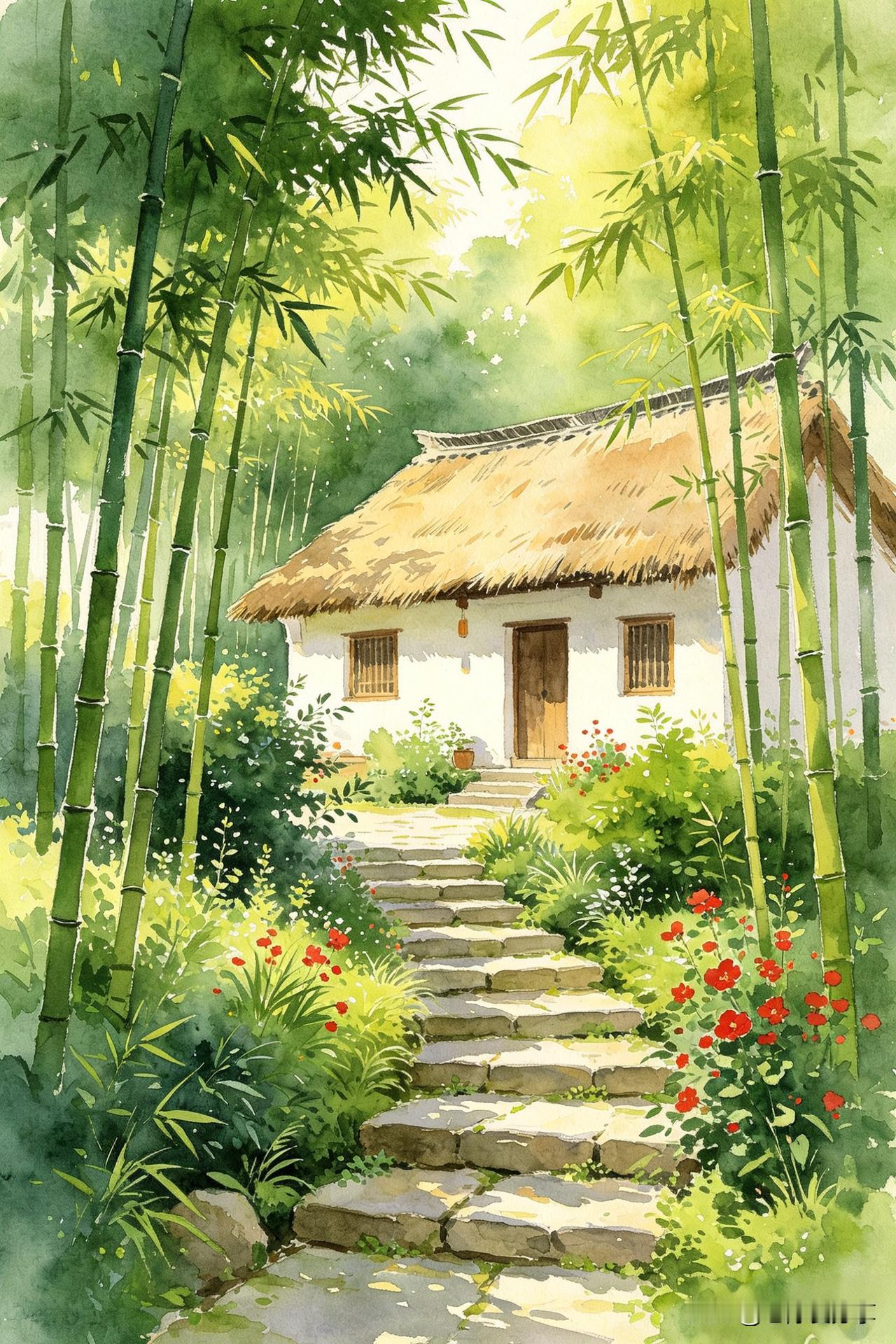 鹧鸪天·竹径茅庐

翠竹千竿掩映深，
石阶苔滑引幽寻。
茅檐低小藏春色，
红药阶