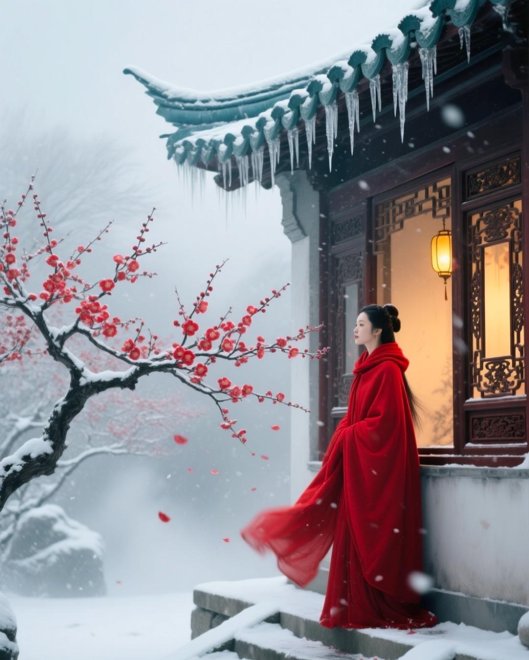 梅花带雪开了，说道是漏泄春的消息。但这完全是精神上的春，实际上雨雪霏霏，北风烈烈