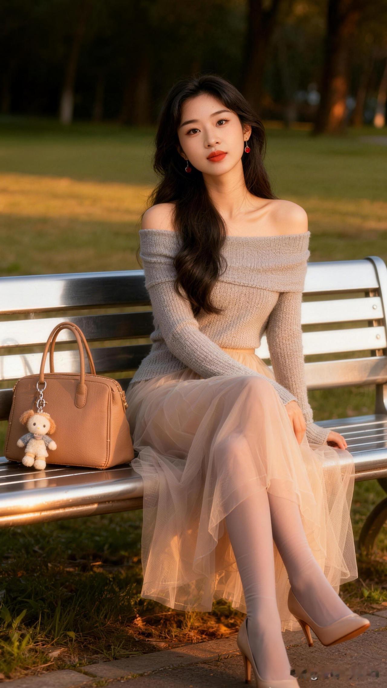 静坐长椅上，秋意如画来。晒出美丽身影 秋日公园长椅上，温柔少女与毛绒玩具相伴，暖