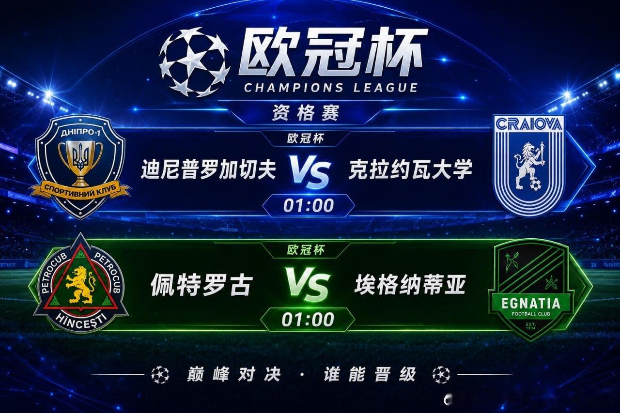 🏆 欧冠杯资格赛今晚打响！⏰ 01:00⚔️ 迪尼普罗加切夫 vs 克拉约瓦大
