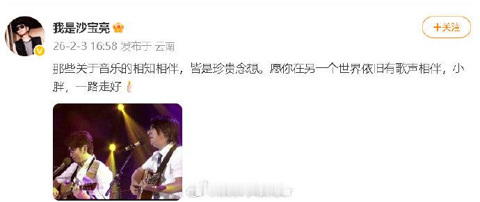 沙宝亮悼念袁惟仁 沙宝亮悼念袁惟仁：“愿你在另一个世界依旧有歌声相伴。”简短的文