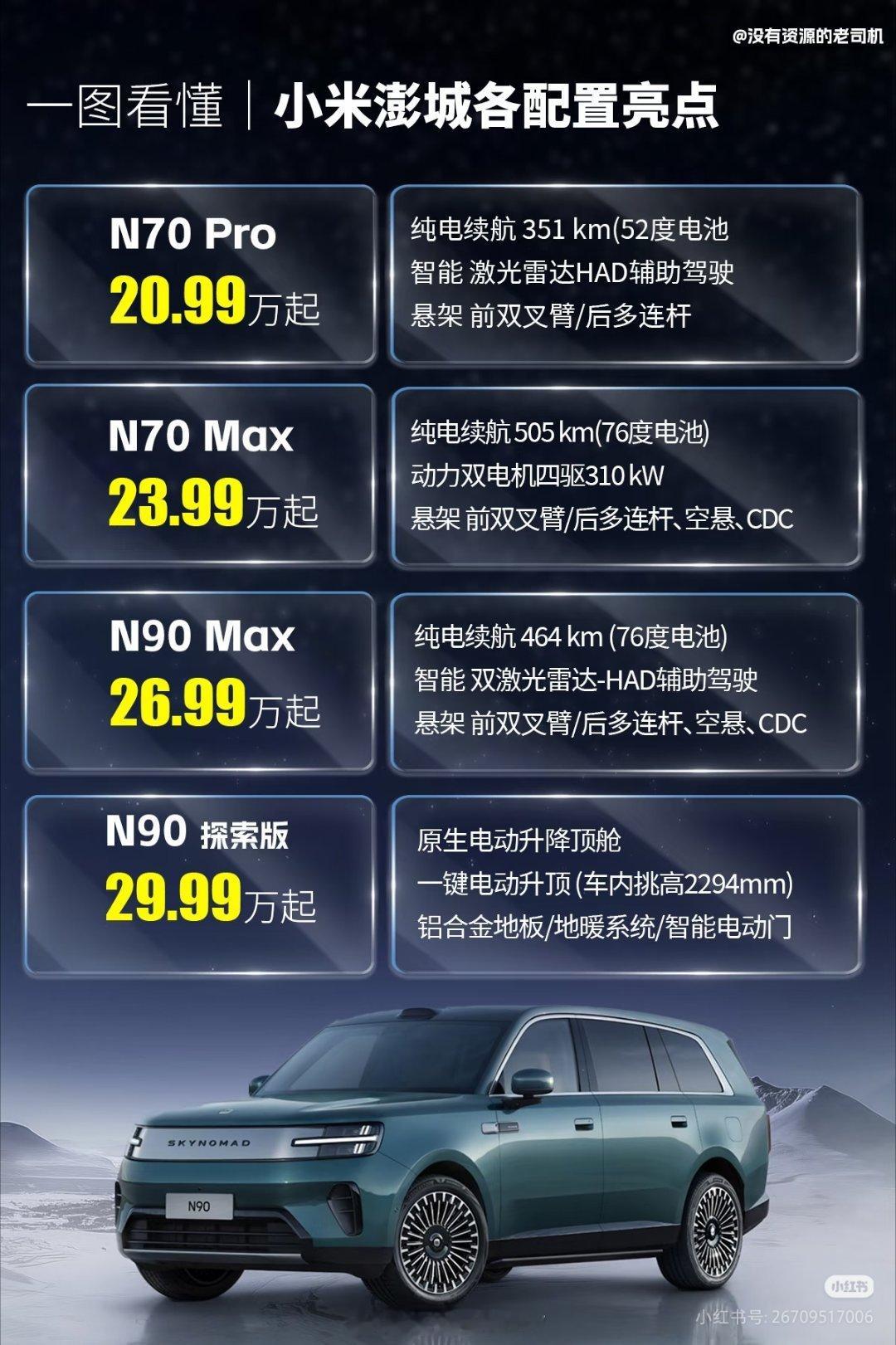 小米澎程车型选择纠结雷军今晚一口气发布4款新车！澎程N70 Pro卖20.99万