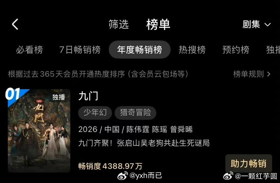九门开播登顶优酷站内拉新年榜第一！🐮 