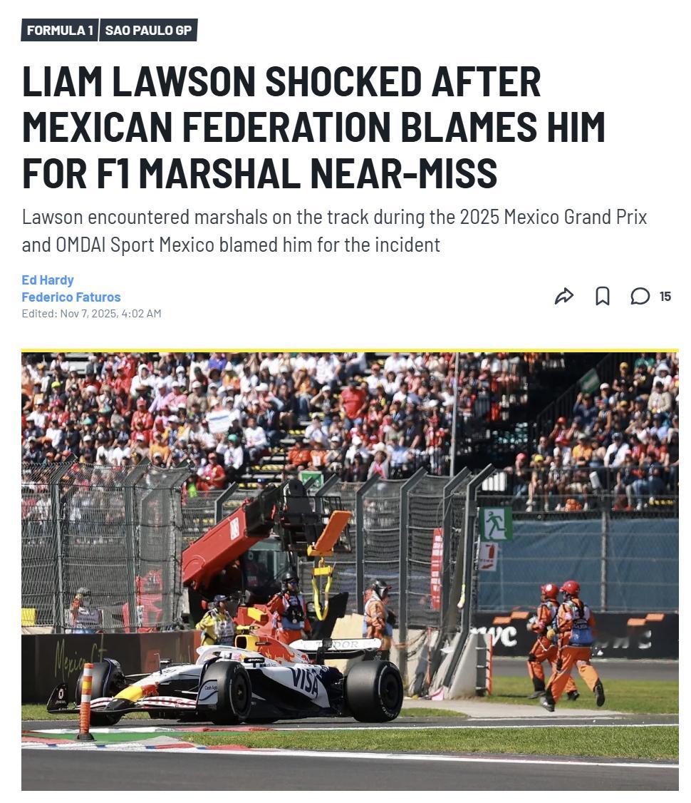劳森对于墨西哥汽联在上一站赛后将赛道上的危险事件归咎于他感到“非常震惊”。“我非