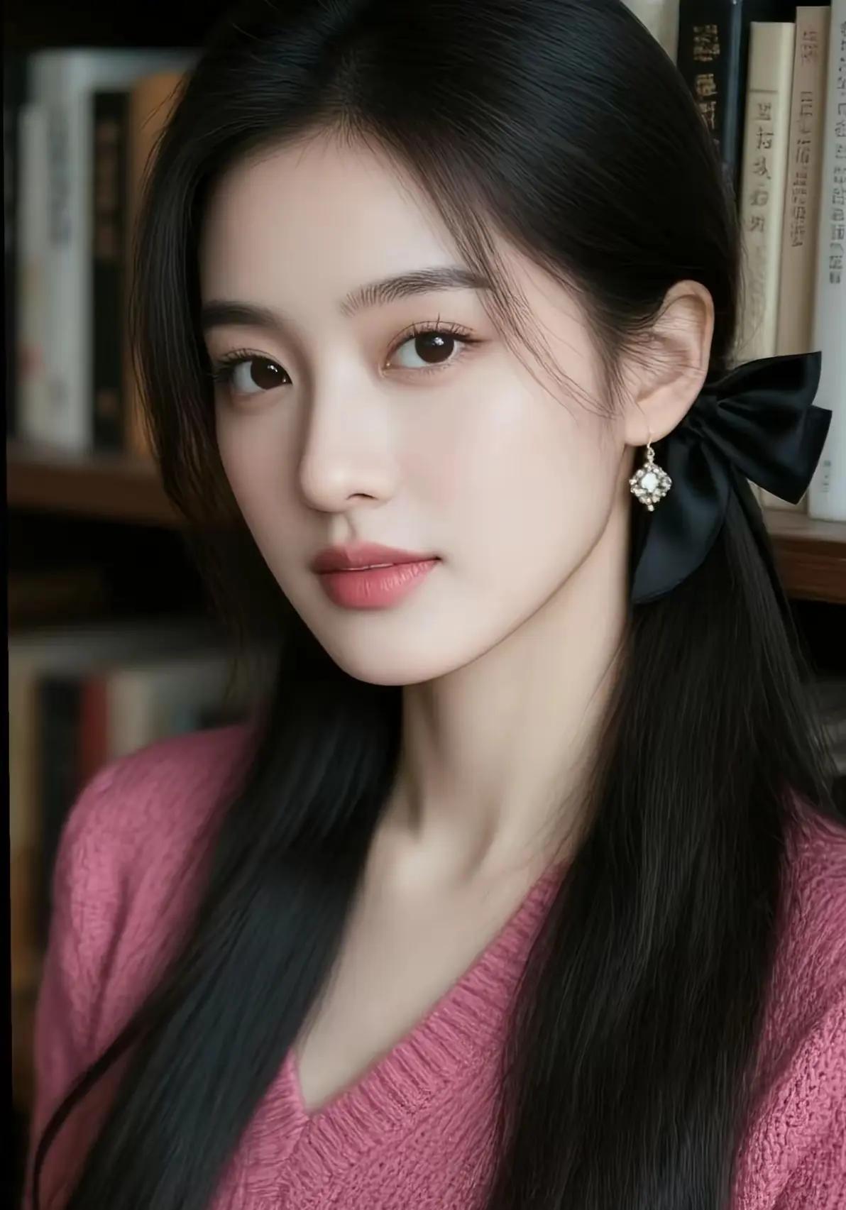 温柔书香女孩，黑发红唇，粉色毛衣，耳畔蝴蝶结，静谧阅读时光。🌟🍎🌴