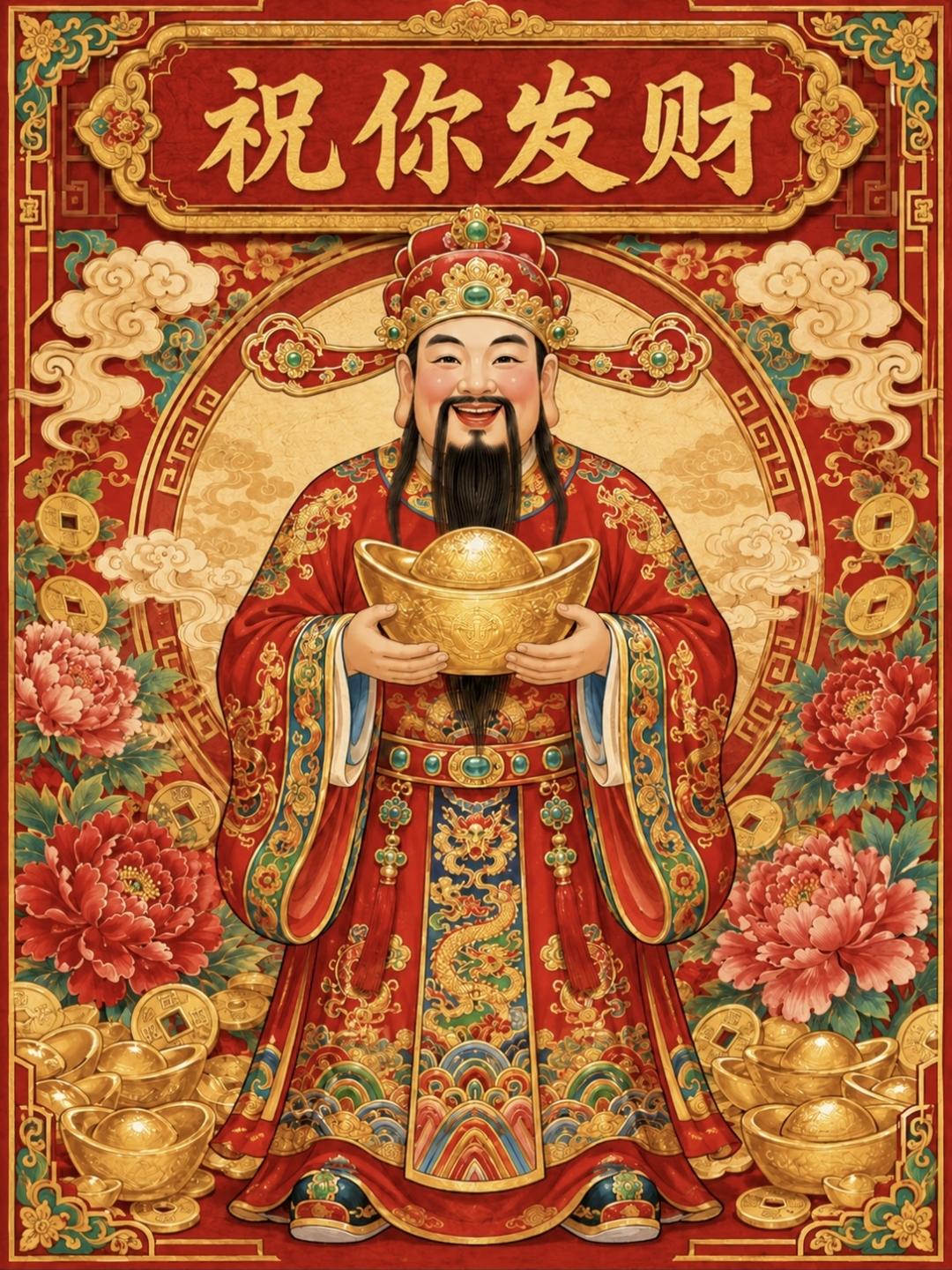 财神爷爷笑盈盈，金元宝捧满怀！祝你发财，好运爆棚接不停～传统文化 传递正能量 绘