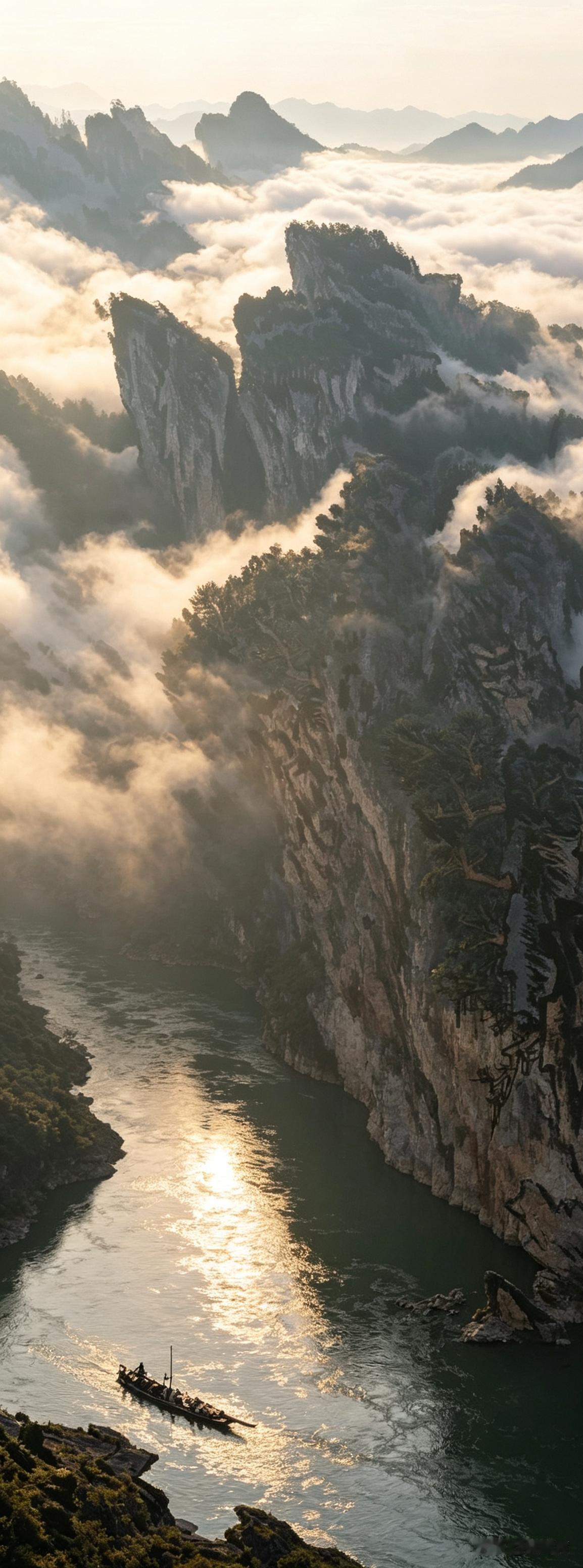 云垂峻岭万峰幽，瀑落层岩日夜流。

一派银涛侵翠壑，半川雾雨漫山丘。