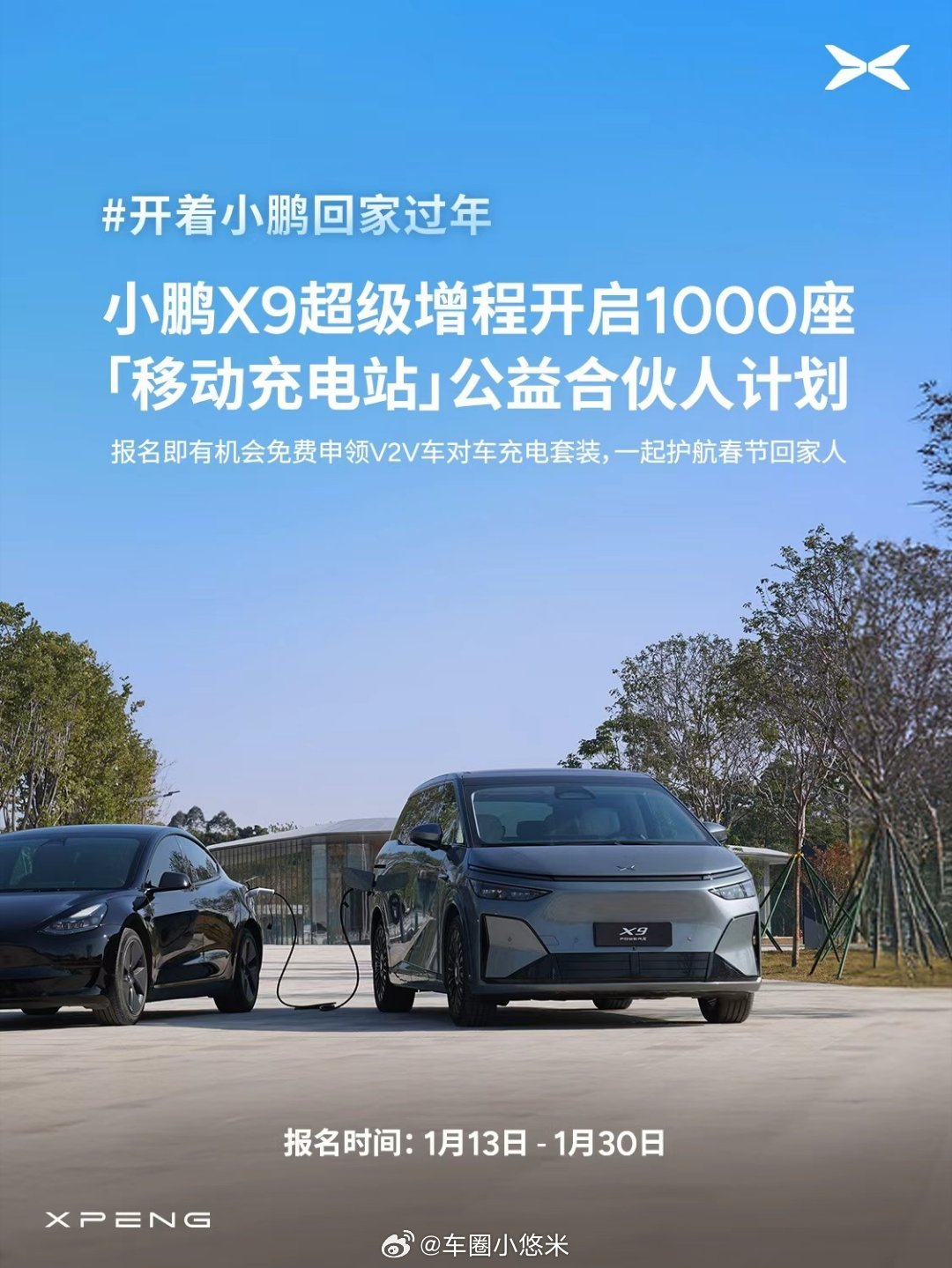 针对春运高峰的 “电量焦虑”，小鹏汽车正式开启1000 座「移动充电站」公益合伙