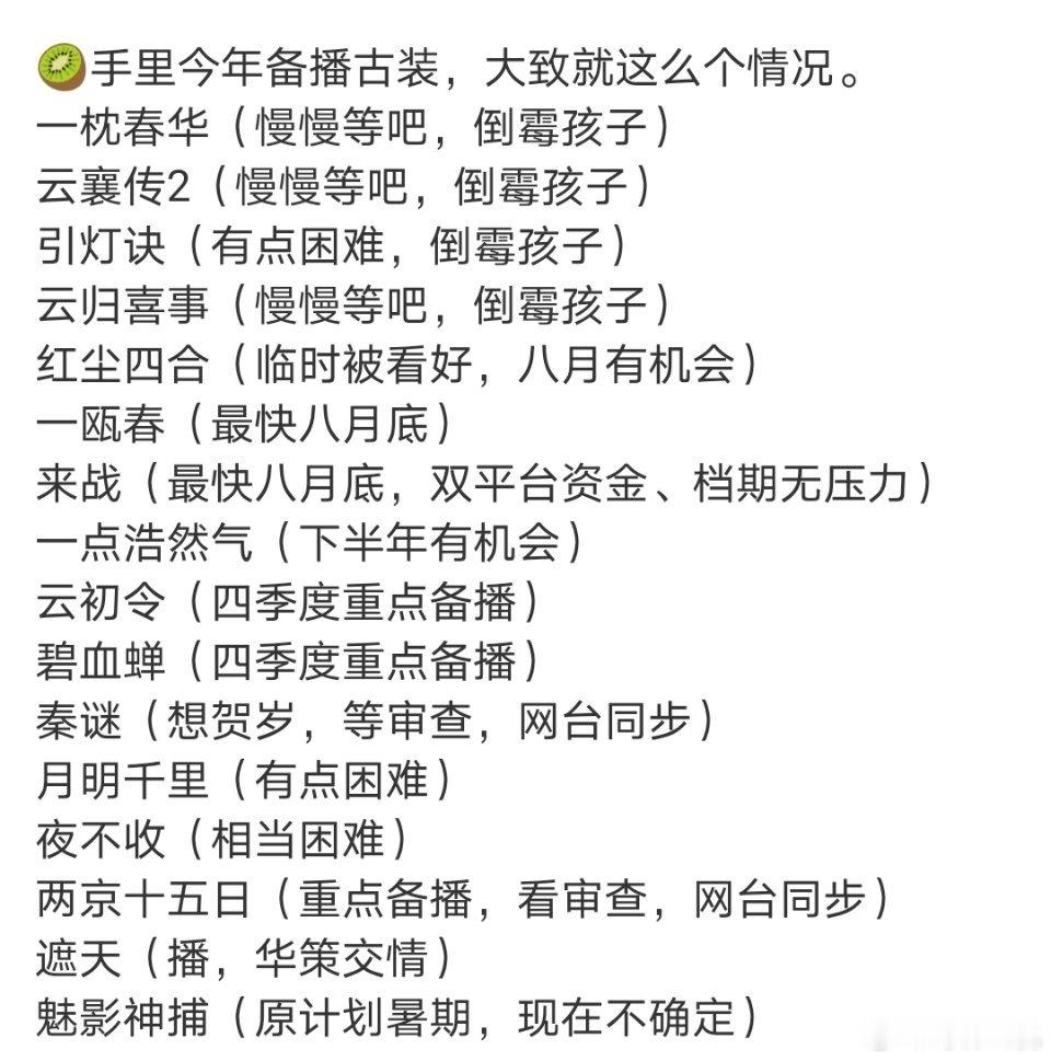 🥝今年备播古装剧里，看了预告和下沉的一些切片，比较期待的只有《来战》和《秦谜》