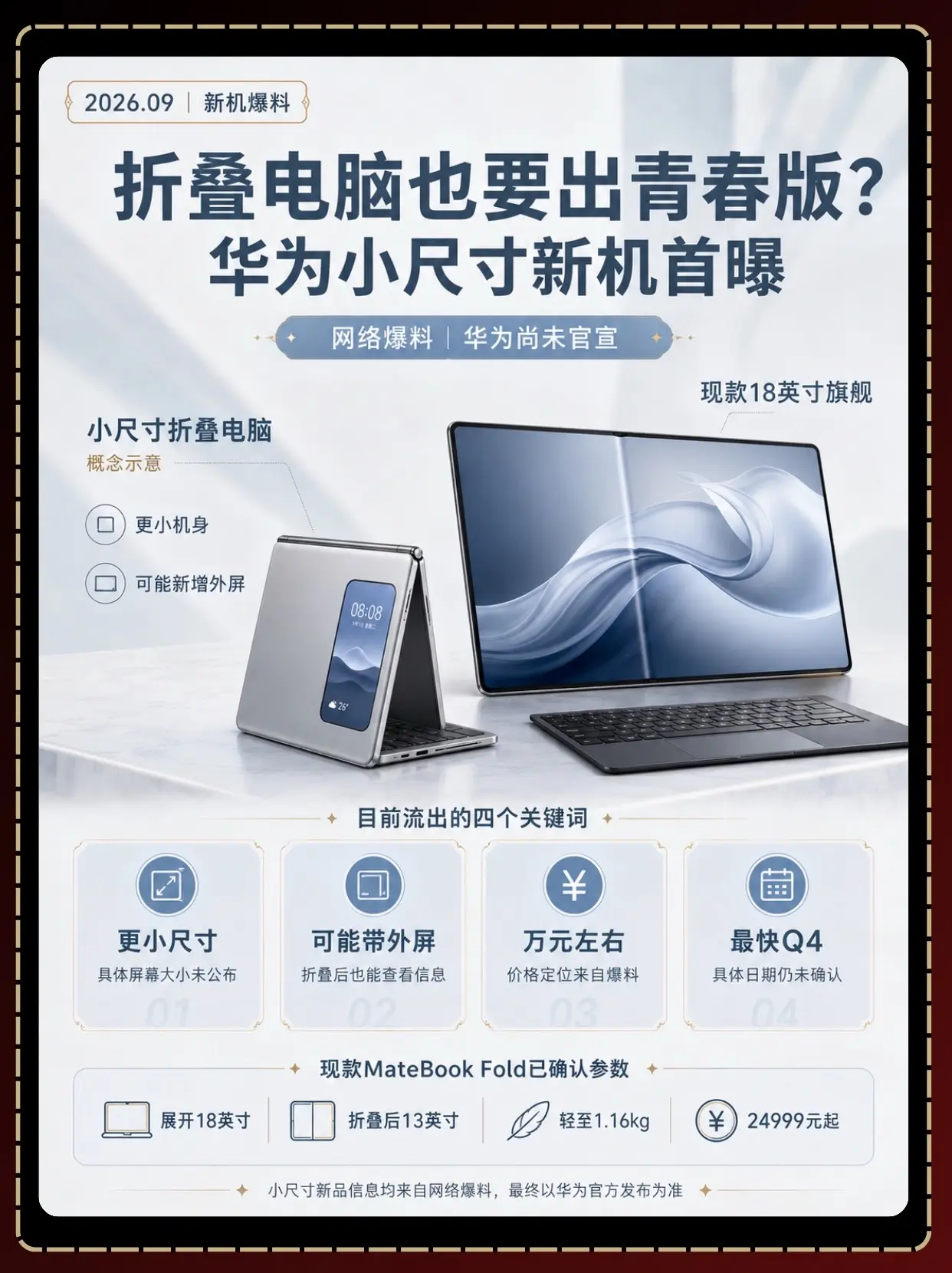 折叠电脑也要出青春版了？消息称，华为正在准备一款尺寸更小的折叠电脑，可...