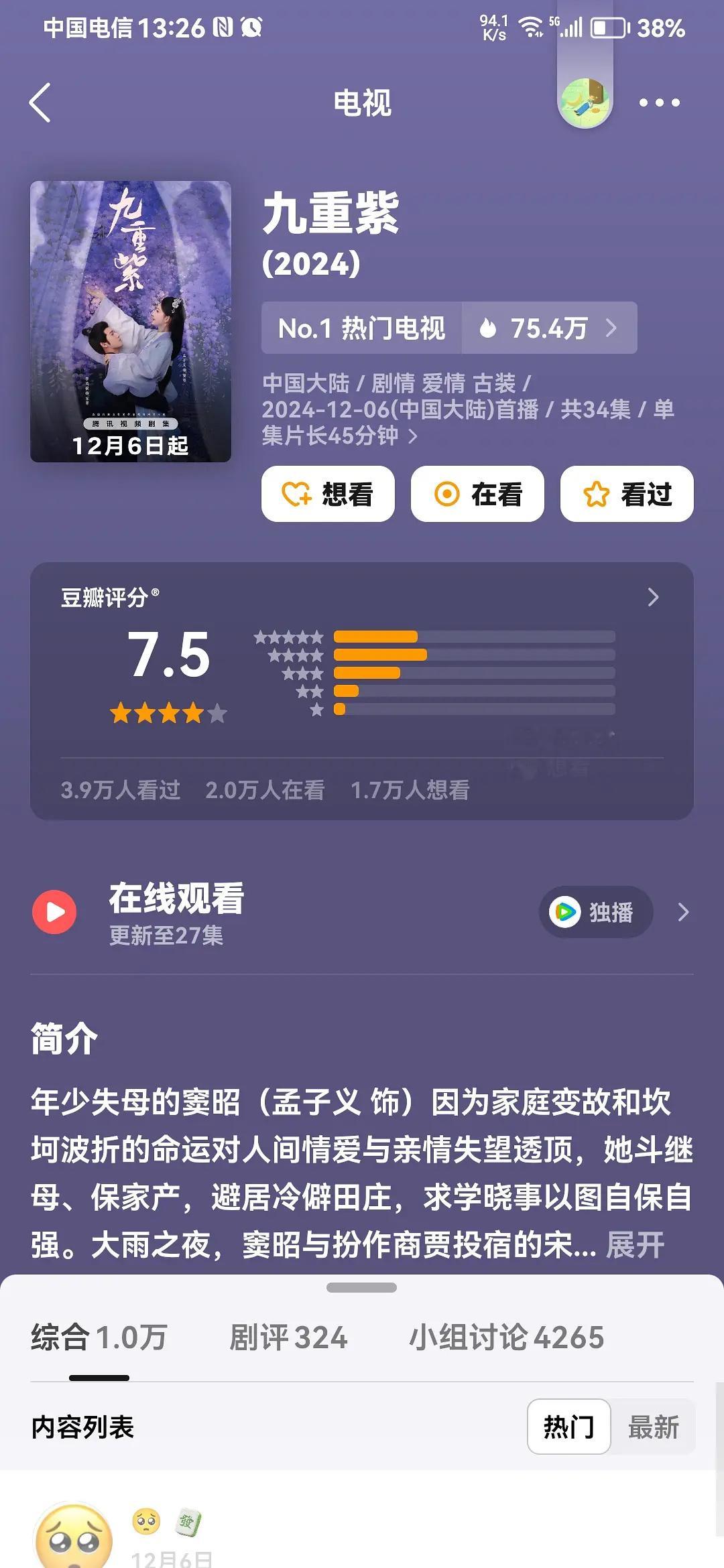 九重紫豆瓣开分7.5  九重紫开分7.5  九重紫豆瓣开分7.5，感觉低了！ 