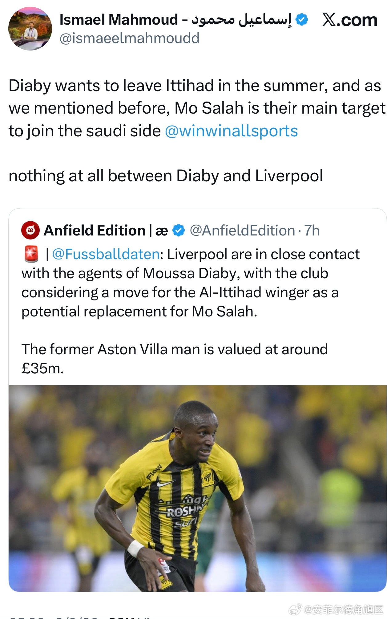 这名记者辟谣我军和迪亚比消息的同时还透露了萨拉赫是吉达联合在夏窗的主要目标。但是