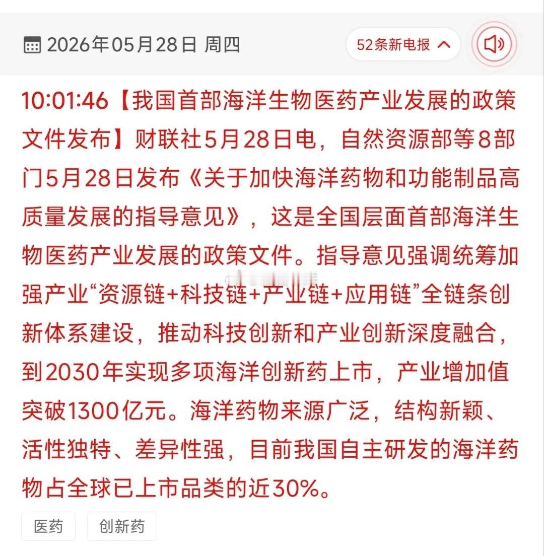 🔥首部国家级政策落地！海洋生物医药18只核心受益股全梳理！5月28日，自然资源