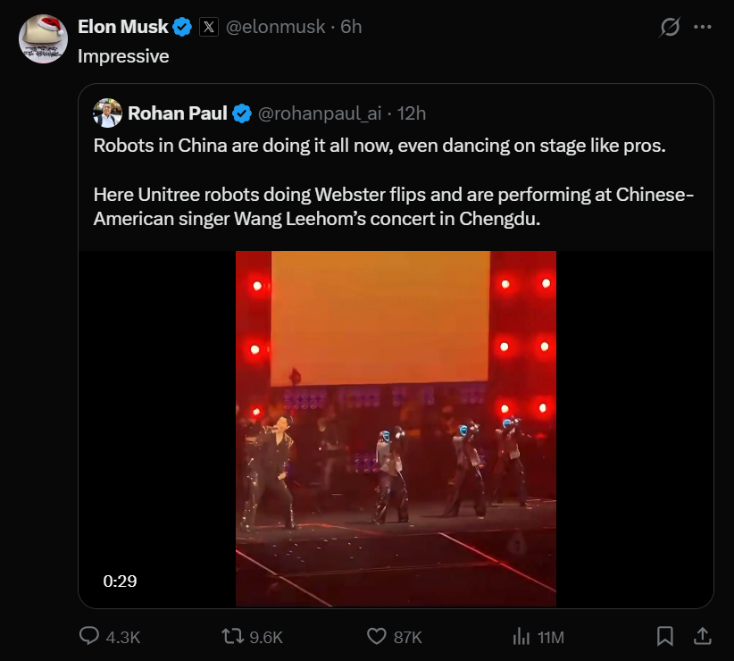 马斯克点赞宇树机器人伴舞特斯拉CEO埃隆·马斯克在X转发了一段王力宏的演唱会舞蹈