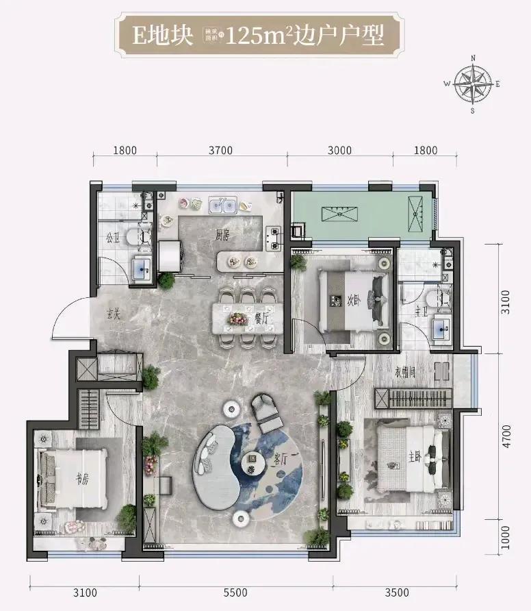 124.96㎡的房子相当低调，进门口之后北侧有一个卫生间，洗手非常的方便，整个房