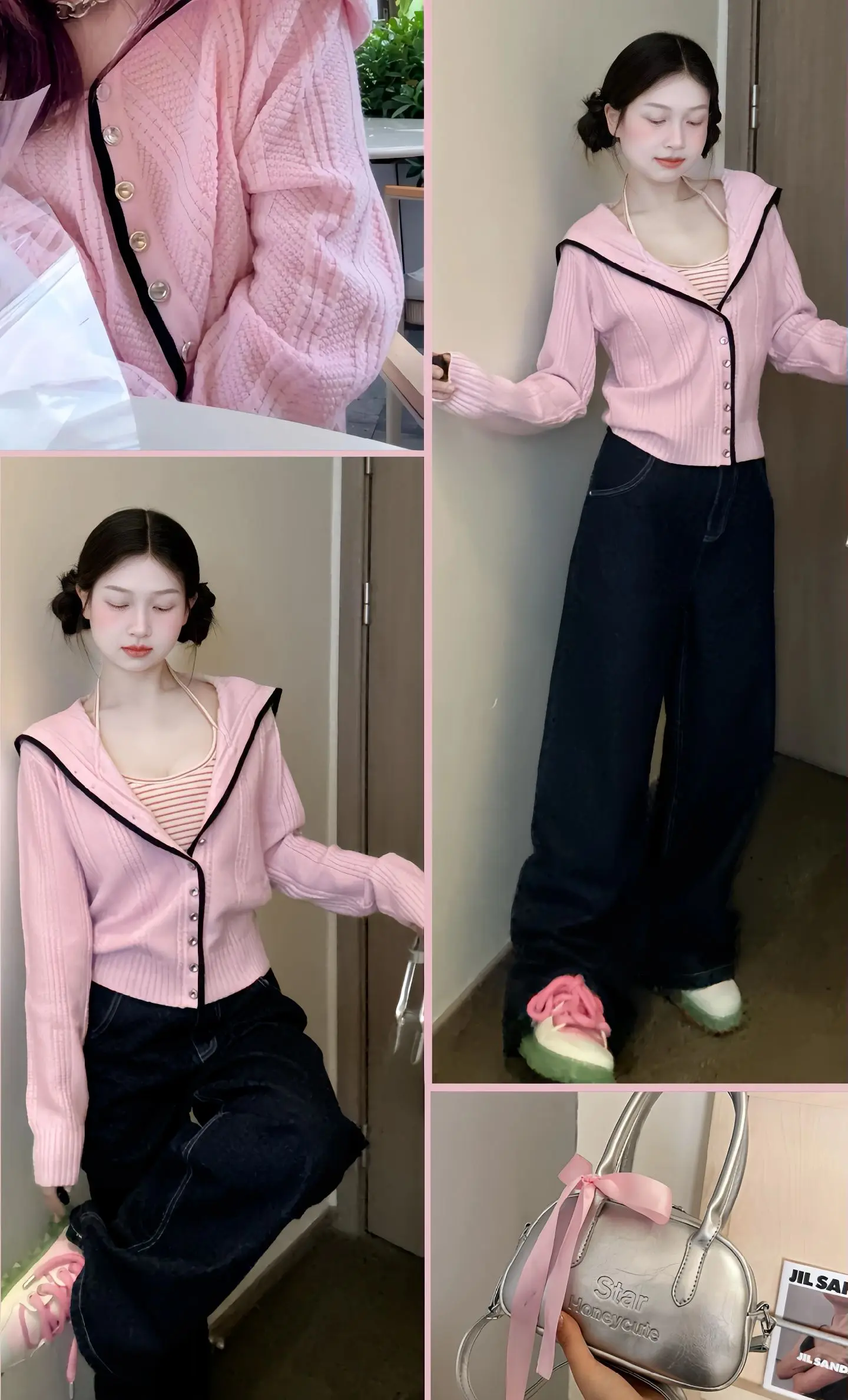 甜美减龄~韩版宽松撞色毛衣开衫➕韩版显瘦牛仔裤~一套上身慵懒时尚~简约...