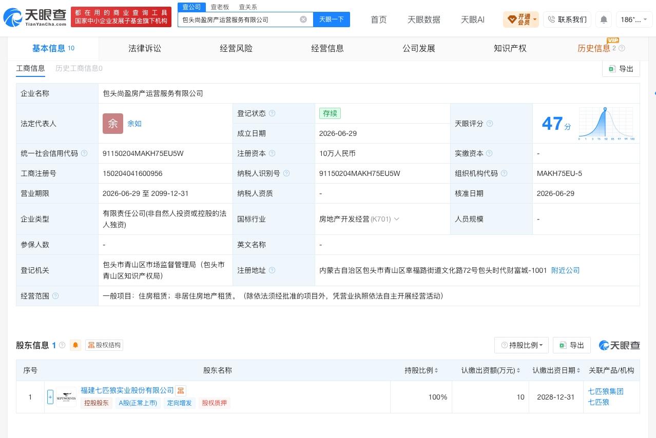 七匹狼在包头成立房产运营公司 注册资本10万
天眼查App显示，近日，包头尚盈房