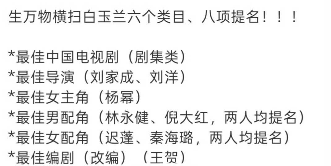 白玉兰入围名单之前网传《生万物》5项提名，实际提了8项，真是应提尽提了。女主杨幂