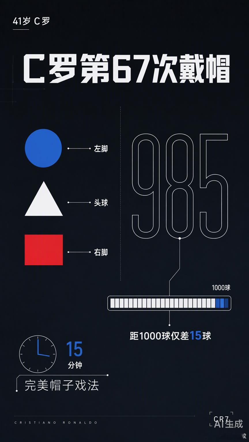 41岁，15分钟，左脚、头球、右脚。C罗用一场完美帽子戏法把生涯总进球推到了98