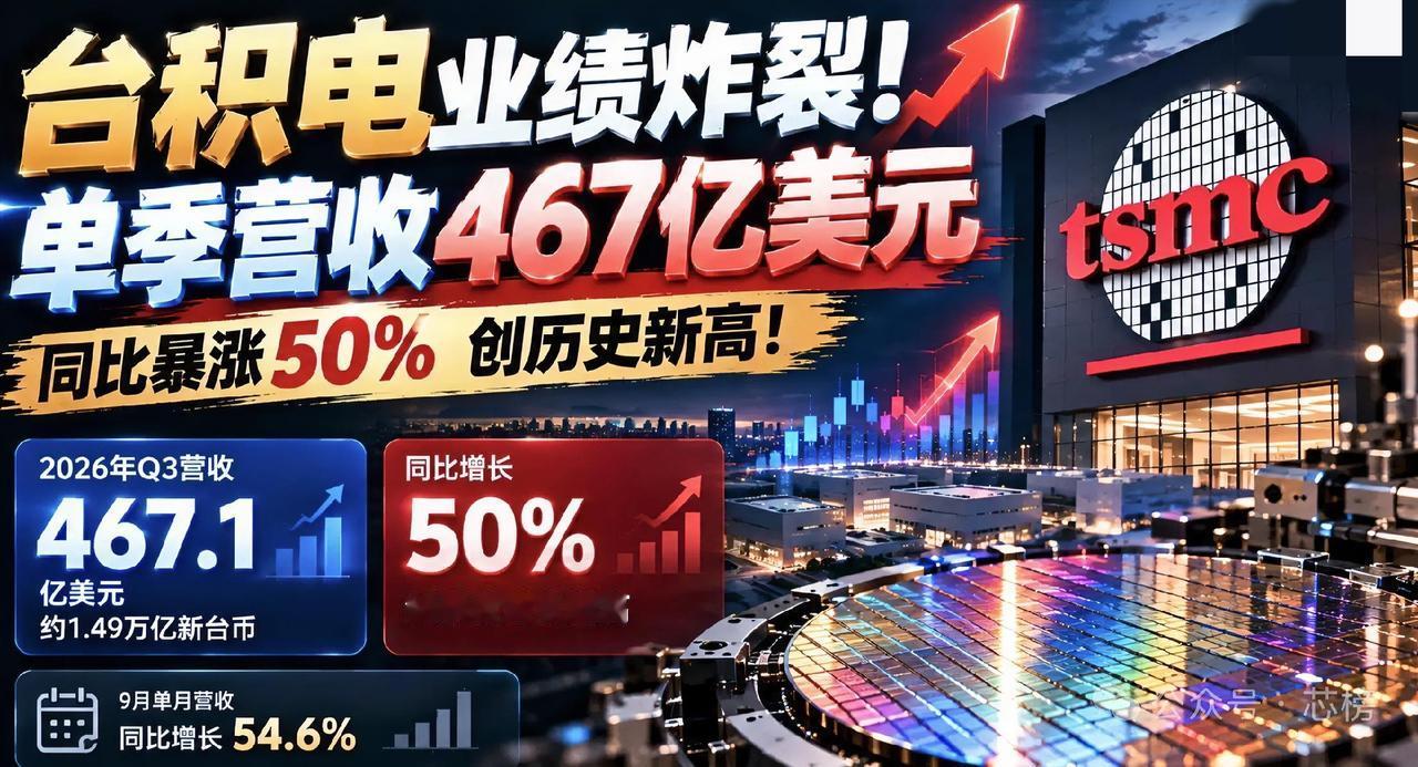10月8日消息，全球晶圆代工巨头台积电，交出一份炸裂的成绩单！台积电2026年第